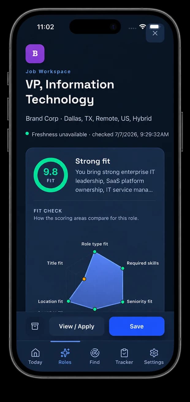 The LAYIQ mobile app showing a role scored 9.8 for fit, with a fit-check breakdown beneath it.