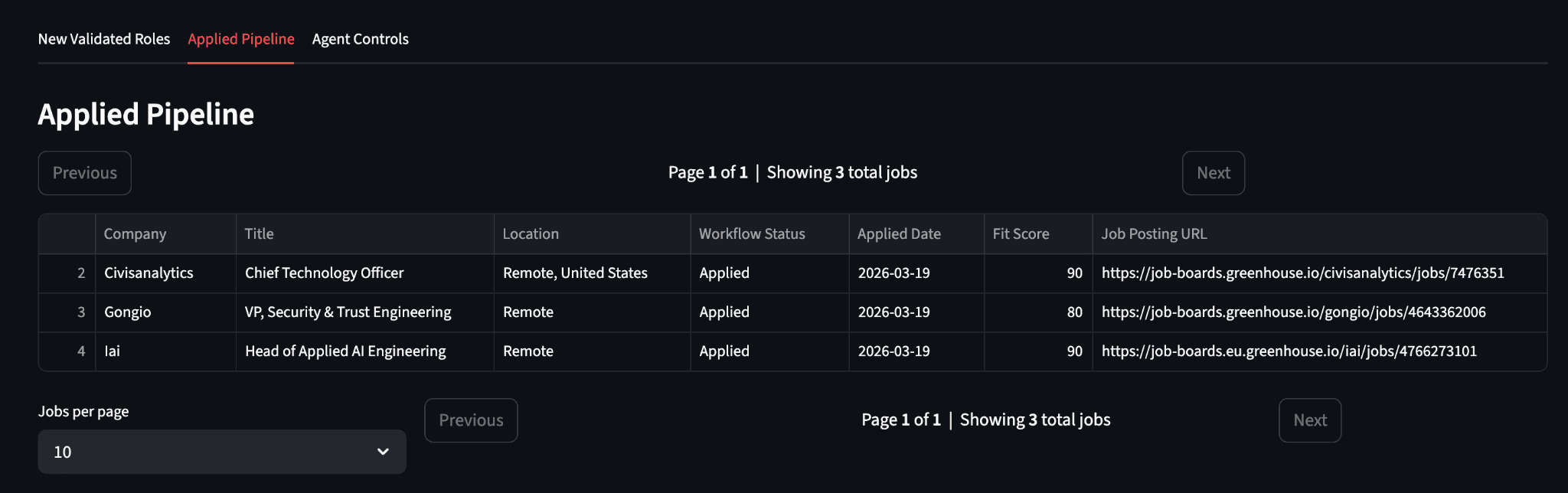 The first web version of Roleworthy: an applied pipeline of roles with fit scores.