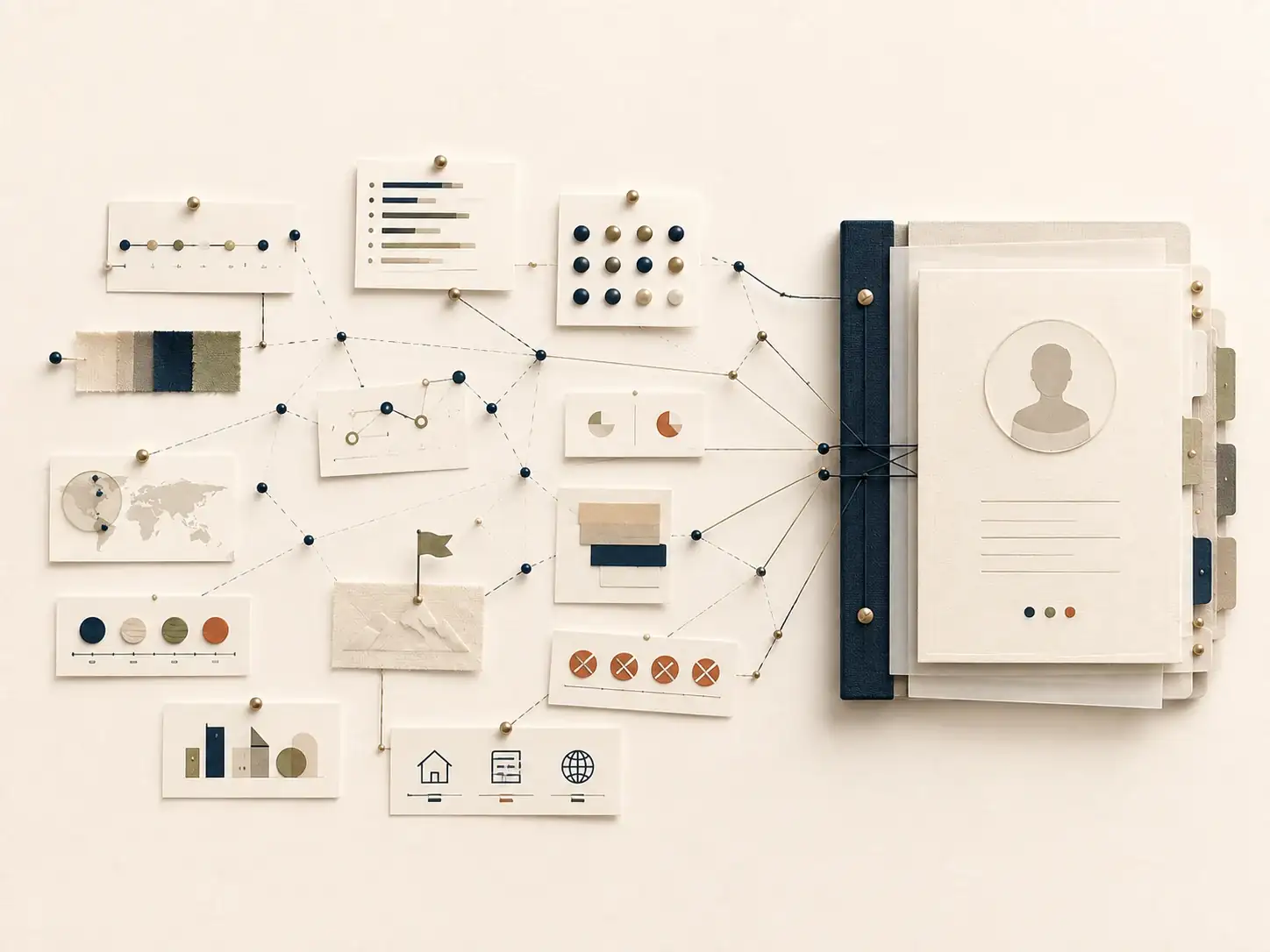 An editorial network of career evidence, preferences, constraints, and goals converging into a layered professional profile folio.