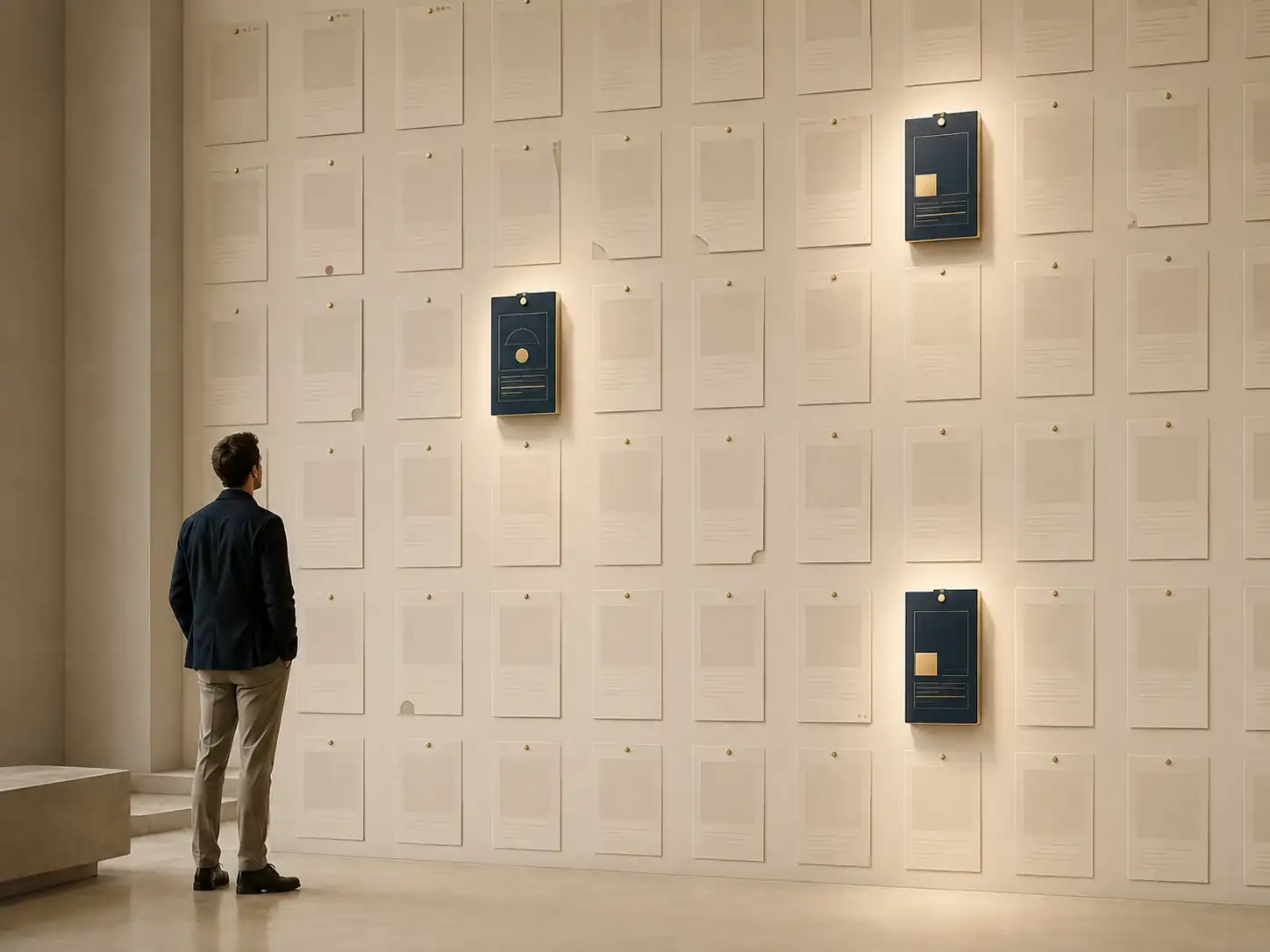 A professional facing a monumental wall of opportunity cards, with three relevant opportunities surfaced from the larger field.