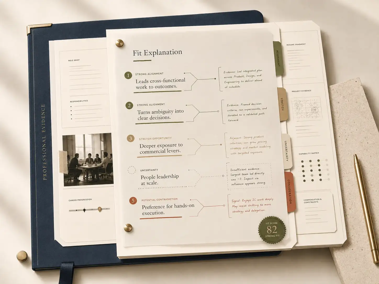 A premium fit explanation dossier tracing strong alignment, a stretch opportunity, uncertainty, and a potential contradiction back to supporting evidence.