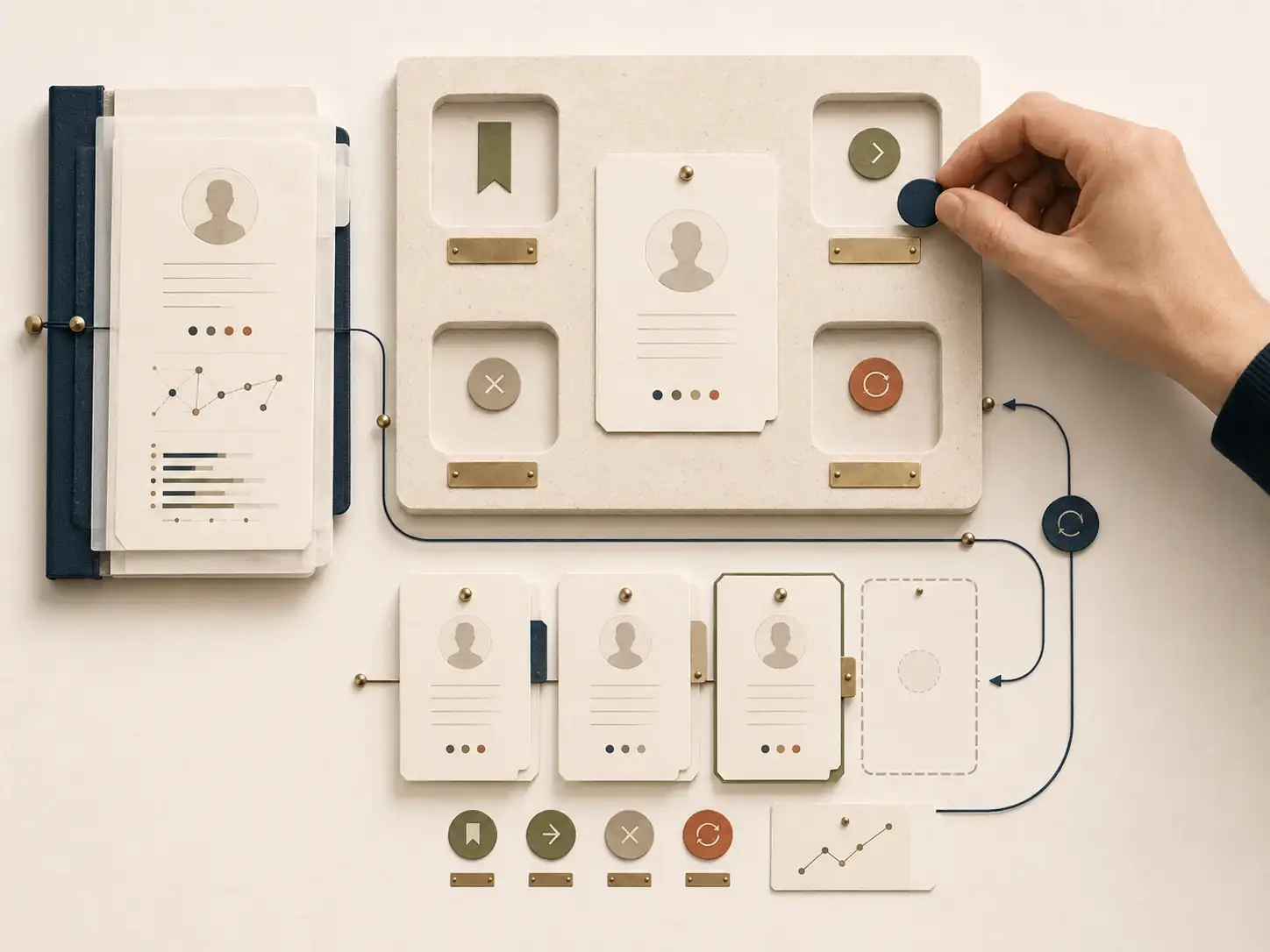 A hand making a deliberate decision on an opportunity card while a loop returns that choice to a profile and the next set of recommendations.