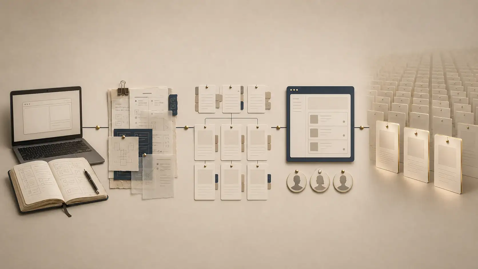 A horizontal editorial history moving from an early personal desktop prototype through structured job data and a web product to a large field of opportunities with a few high-signal roles in front.