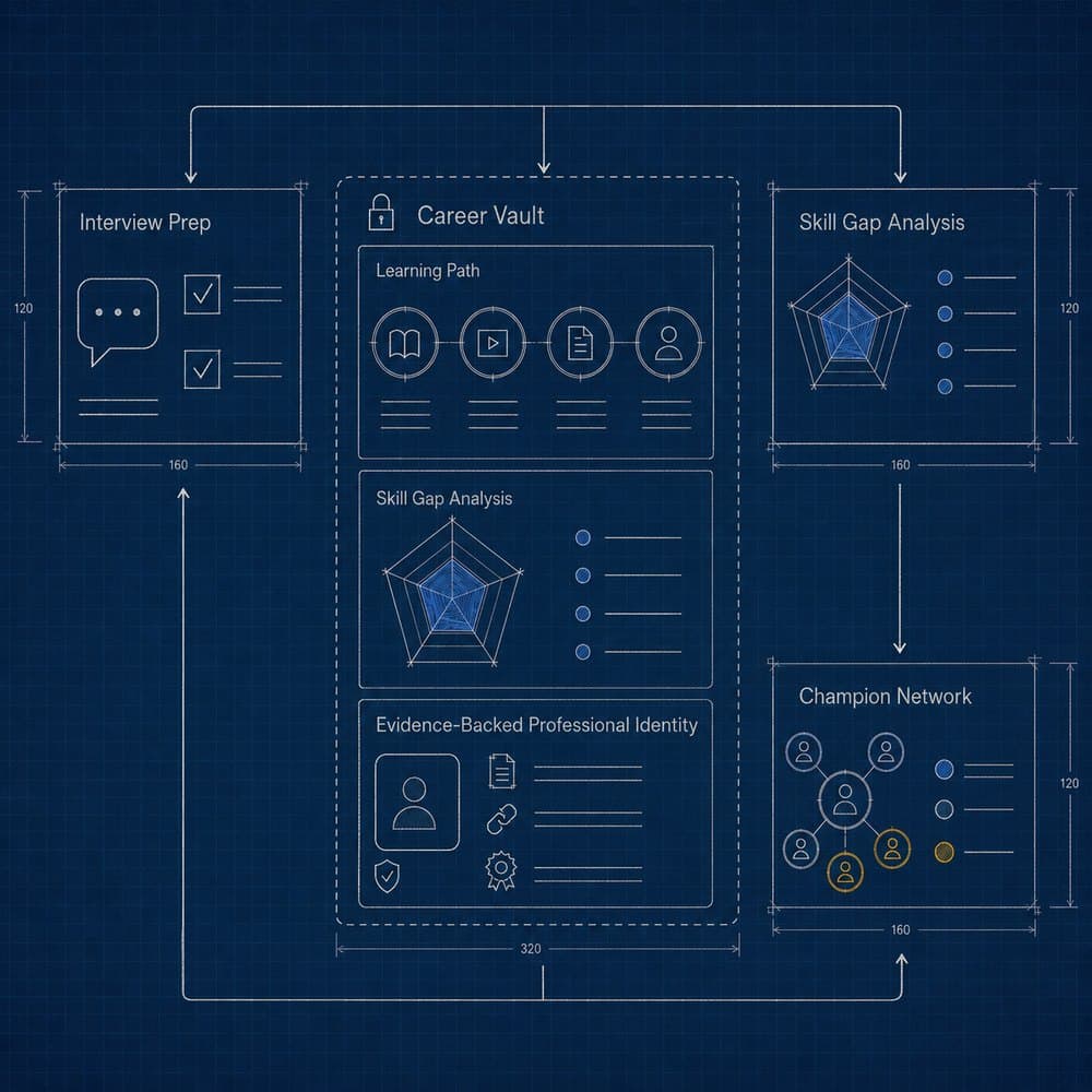 A blueprint of the career vault: interview prep, skill gap analysis, an evidence-backed professional identity and a champion network.