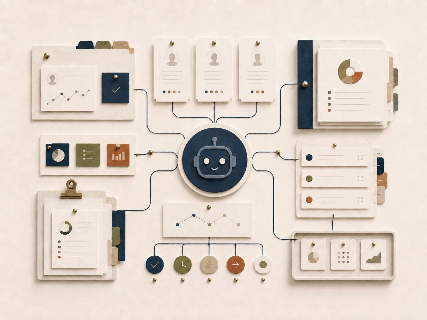 A curator at the centre of a wired board, connected to candidate profiles, tagged company folders, dashboards and a row of outcome markers, working through them while nobody is at the desk.